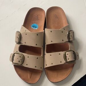 Cliffs by WHITE MOUNTAIN Tan Double Buckle Studded Slide Sandals